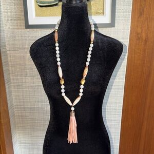 Boho Long Necklace with Genuine Banded Agate Beads & Pink Tassel